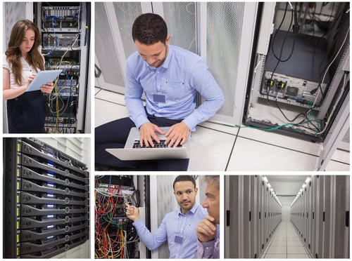 Collage of data center workers at work together and alone